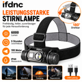 ifdnc LED Stirnlampe 6000 Lumen – 180° Drehbar, IP44 Wasserdicht & USB Aufladbar