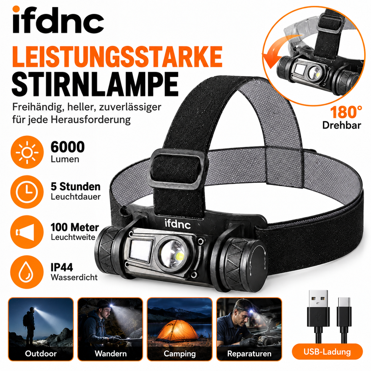 ifdnc LED Stirnlampe 6000 Lumen – 180° Drehbar, IP44 Wasserdicht & USB Aufladbar